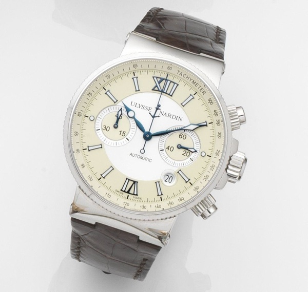 Ulysse Nardin. A stainless steel automatic calendar chronograph wristwatch with box and papers Marine Chronograph, Ref:353-66, Case No.5153, Movement No.UN035-012241, Sold 26th December 2008