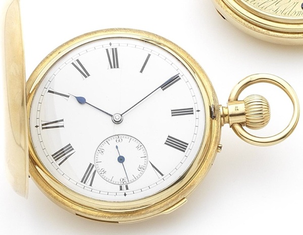 Reid Sons. An 18ct gold keyless wind minute repeating full hunter pocket watch Numbered 16046, London Hallmark for 1864