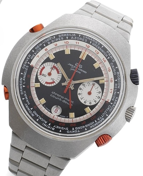 Jaquet Girard. A stainless steel manual wind chronograph calendar world time bracelet watch with Hamilton movement Chronomatic Countdown, Circa 1975