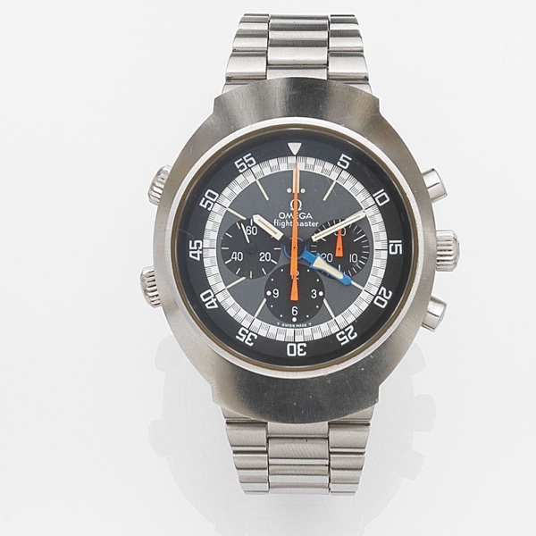 Omega. A stainless steel manual wind chronograph bracelet watch with second time zone