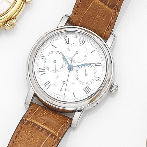 Schwarz Etienne. A stainless steel automatic calendar wristwatch with second time zone and power reserve indicator