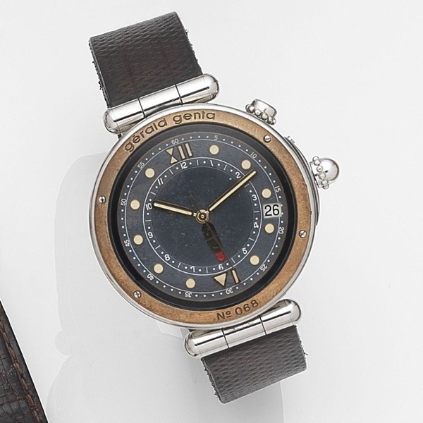 Gerald Genta. A stainless steel automatic alarm calendar wristwatch