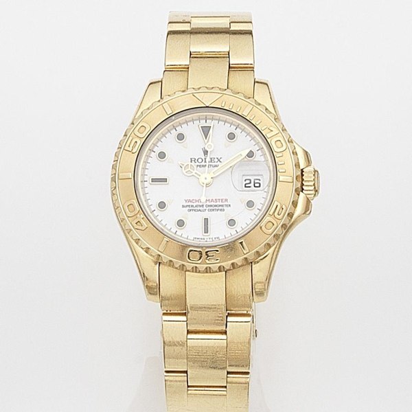 Rolex. A lady's 18ct gold automatic calendar bracelet watch