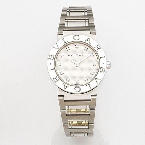 Bulgari. A lady's stainless steel and diamond set quartz bracelet watch with box and papers