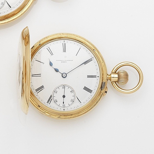 Donne Son, London. An 18ct gold keyless wind half hunter pocket watch