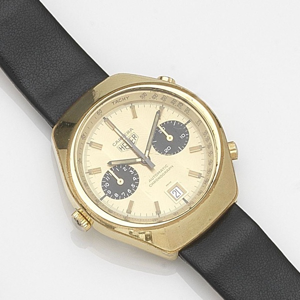 Heuer. A gold plated automatic calendar chronograph wristwatch