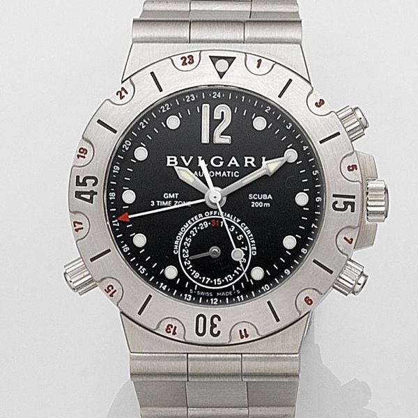 Bulgari. A stainless steel automatic triple time zone calendar bracelet watch