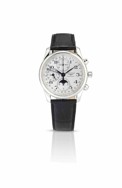 Longines. A fine and rare stainless steel chronograph triple calendar automatic wristwatch with moonphase and 24-hour display