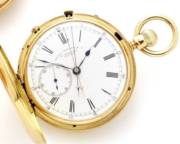 Nicole Nielson Co., London. A late 19th century 18ct gold full hunter keyless wind split seconds pocket watch