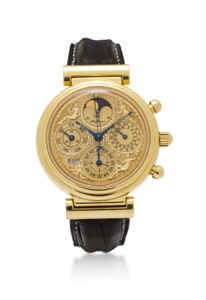 IWC. A fine 18K gold tourbillon chronograph wristwatch with perpetual calendar and moon phase