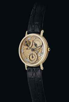 BREGUET. A FINE AND RARE 18K GOLD AUTOMATIC SKELETONIZED WRISTWATCH WITH DATE, POWER RESERVE AND MOON PHASES