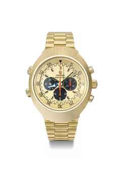 Omega. An extremely rare, large and unusual 18K gold tonneau-shaped dual time zone pilot's chronograph wristwatch with bracelet