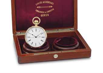 Louis Audemars. A fine and rare 18K gold openface two train independent dead centre seconds keyless lever watch with original box