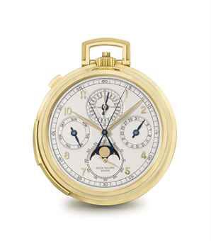 Patek Philippe. A fine and rare 18K gold openface minute repeating perpetual calendar split seconds chronograph keyless lever watch with moon phases and box