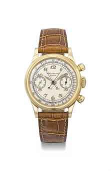 Patek Philippe. An extremely rare and very important 18K gold split seconds chronograph wristwatch with luminous Breguet numerals dial and screw back