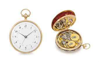 Revillon. A fine, rare and attractive 18K gold and enamel two train openface quarter repeating petite sonnerie clock watch with date and duplex escapement