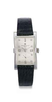Vacheron Constantin. A rare and attractive 18K white gold and diamond-set rectangular-shaped wristwatch with flared sides