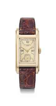 Patek Philippe. A fine and rare 18K pink gold wristwatch with stepped sides