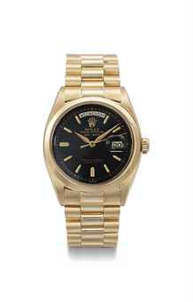 Rolex. An attractive and rare 18K pink gold automatic calendar wristwatch with sweep centre seconds, black lacquered dial and bracelet