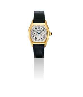 CARTIER. A FINE 18K GOLD TONNEAU-SHAPED SINGLE BUTTON CHRONOGRAPH WRISTWATCH