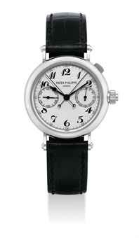 PATEK PHILIPPE. A VERY FINE AND VERY RARE PLATINUM SPLIT SECONDS CHRONOGRAPH WRISTWATCH WITH ORIGINAL CERTIFICATE AND BOX