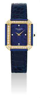 PATEK PHILIPPE. A FINE AND RARE 18K GOLD, LAPIS LAZULI AND DIAMOND-SET RECTANGULAR WRISTWATCH