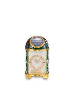 PATEK PHILIPPE. A FINE, RARE AND HIGHLY IMPORTANT GILT-BRASS SOLAR-POWERED DESK CLOCK WITH CLOISONNÉ ENAMEL, CASE BY MICHEL DEVILLE AND SAPPHIRE-SET QUARTER NUMERALS, PRESENTED TO THE CITY OF MOSCOW FROM THE GENEVA AUTHORITY IN 1956, LATER THE SAME YEAR G