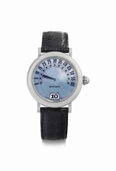 Gerald Genta. A Stainless Steel Jump Hour Wristwatch with Mother-of-Pearl Dial and Retrograde Minutes