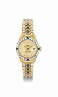 ROLEX. A FINE AND RARE LADY'S 18K GOLD, DIAMOND AND SAPPHIRE-SET AUTOMATIC WRISTWATCH WITH SWEEP CENTRE SECONDS, DATE AND BRACELET