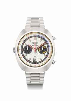 Heuer. A large and unusual stainless steel tonneau-shaped automatic chronograph wristwatch with date, bracelet and pulsometer scale