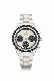 Rolex. A highly rare and attractive stainless steel chronograph wristwatch with bracelet and box