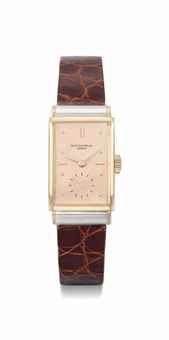 Patek Philippe. A fine and unusual 18K pink gold and platinum rectangular wristwatch with hooded lugs and pink dial