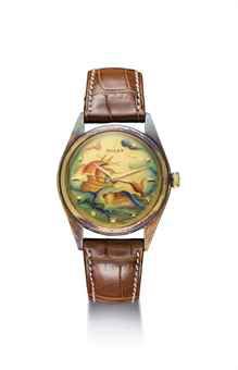 Rolex. An extremely fine, rare and unique 18K gold automatic wristwatch with sweep centre seconds, star numerals and cloisonné enamel dial