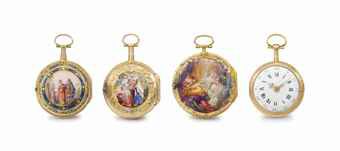 Coulin Bry, L'Epine, Dufalga. A lot of four 18K gold and enamel openface verge watches