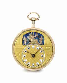 Bordier LeRoy. A very fine 18K pink gold openface quarter repeating watch with two jaquemarts and an automaton scene