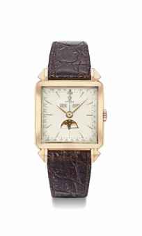 Omega. A fine 18K pink gold square triple calendar wristwatch with moon phases
