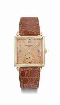 Patek Philippe. An 18K pink gold square wristwatch with pink dial