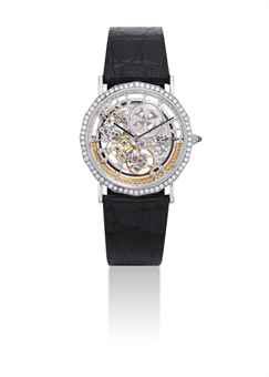 VACHERON CONSTANTIN. A FINE 18K WHITE GOLD AND DIAMOND-SET AUTOMATIC SKELETONISED WRISTWATCH