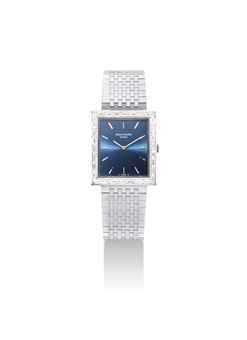 PATEK PHILIPPE. A FINE 18K WHITE GOLD AND DIAMOND-SET RECTANGULAR BRACELET WATCH