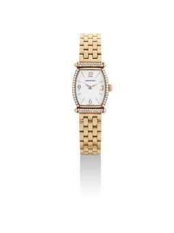 AUDEMARS PIGUET. A LADY'S 18K GOLD AND DIAMOND-SET TONNEAU-SHAPED WRISTWATCH WITH BRACELET