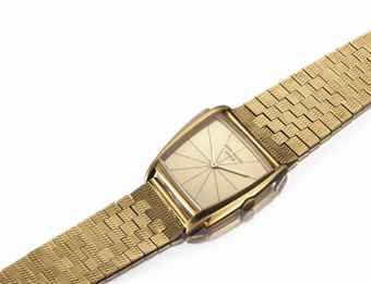 Patek Philippe. An Extremely Fine and Rare 18k Gold Asymmetrical Wristwatch with Champagne Dial and Bracelet, Designed by Gilbert Albert and Retailed by Serpico Y Laino