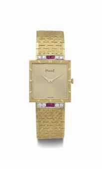 Piaget. A Fine 18k Gold, Diamond and Ruby-Set Square Wristwatch with Bracelet