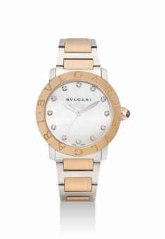 BULGARI. A LADY'S 18K PINK GOLD, STAINLESS STEEL AND DIAMOND-SET AUTOMATIC WRISTWATCH WITH SWEEP CENTRE SECONDS, BRACELET AND MOTHER-OF-PEARL DIAL