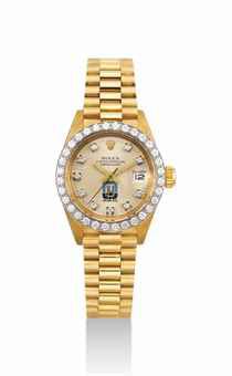 ROLEX. A LADY'S RARE 18K GOLD AND DIAMOND-SET WRISTWATCH WITH SWEEP CENTRE SECONDS, DATE AND BRACELET