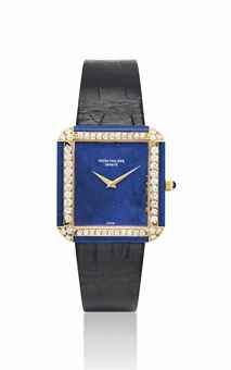 PATEK PHILIPPE. A FINE AND RARE 18K GOLD, LAPIS LAZULI AND DIAMOND-SET RECTANGULAR WRISTWATCH