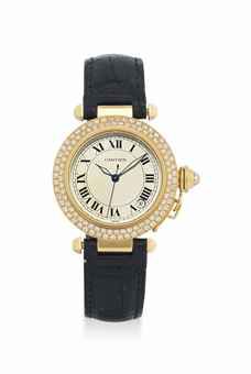 CARTIER. AN 18K GOLD AND DIAMOND-SET AUTOMATIC WRISTWATCH WITH SWEEP CENTRE SECONDS AND DATE