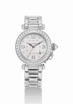 CARTIER. A LADY'S FINE 18K WHITE GOLD AND DIAMOND-SET AUTOMATIC WRISTWATCH WITH SWEEP CENTRE SECONDS, DATE AND BRACELET