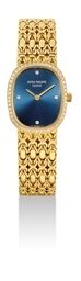PATEK PHILIPPE. A LADY'S 18K GOLD AND DIAMOND-SET CUSHION-SHAPED BRACELET WATCH