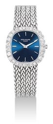 PATEK PHILIPPE. A LADY'S FINE 18K WHITE GOLD AND DIAMOND-SET CUSHION-SHAPED BRACELET WATCH