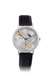 BREGUET. A FINE 18K WHITE GOLD AUTOMATIC SEMI-SKELETONISED WRISTWATCH WITH DATE, POWER RESERVE AND MOON PHASES
